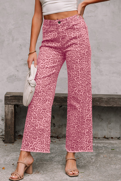 Leopard Frayed Edge Wide Leg High Waist Jeans (Other Colors)