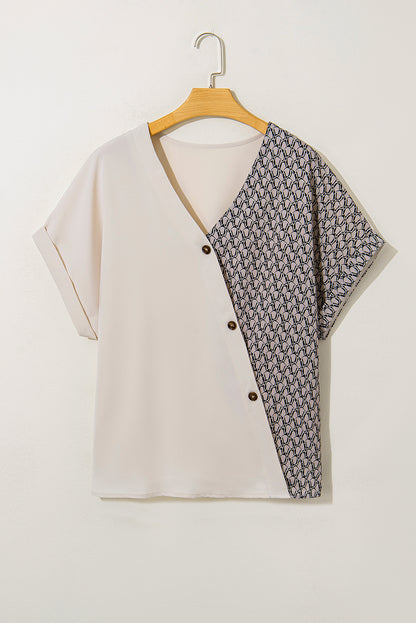 Oatmeal Contrast Geometric Print Patchwork V Neck Short Sleeve Top