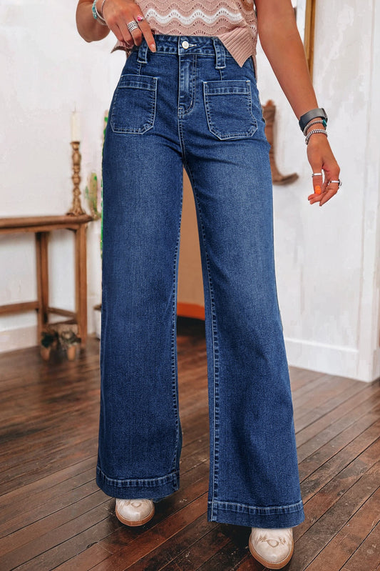 Sail Blue Wide Leg Pocketed High Waist Jeans (Extended Sizes)