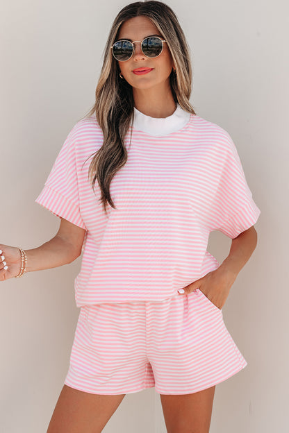 Stripe Cuffed Sleeve Contrast Mock Neck Tee Casual 2pcs Short Set (Other Colors)
