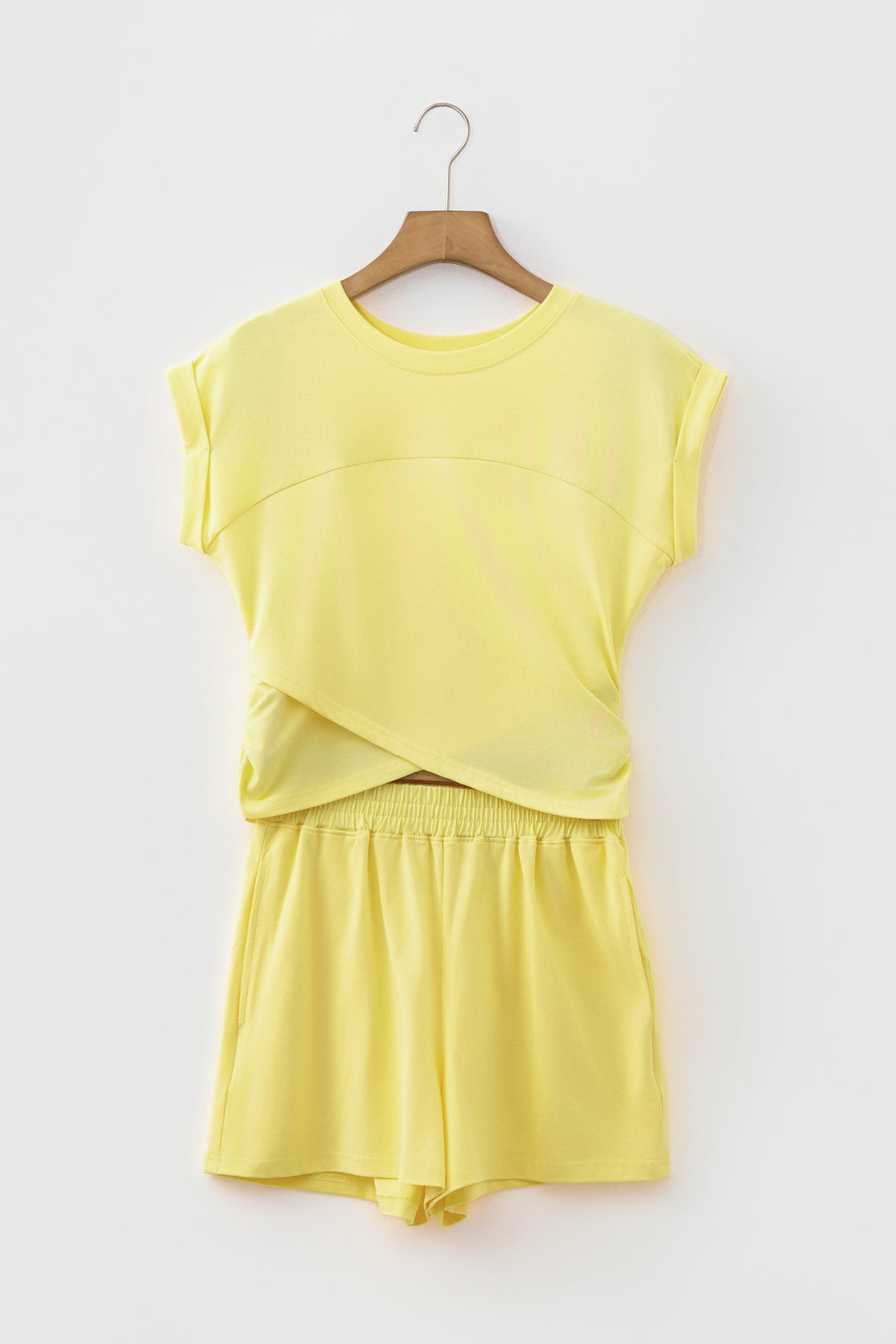 Solid Short Sleeve Elastic Waist Pocket Casual Two Piece Short Set