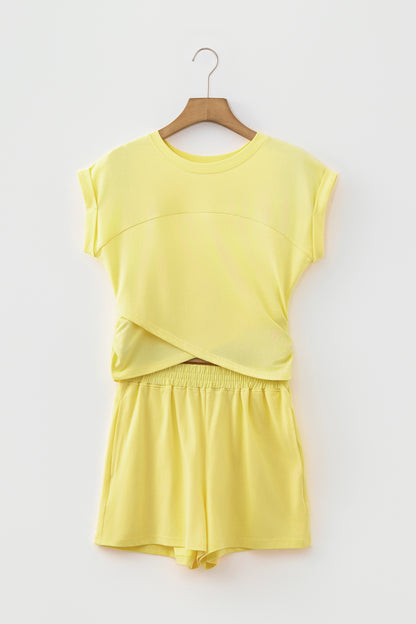 Solid Short Sleeve Elastic Waist Pocket Casual Two Piece Short Set