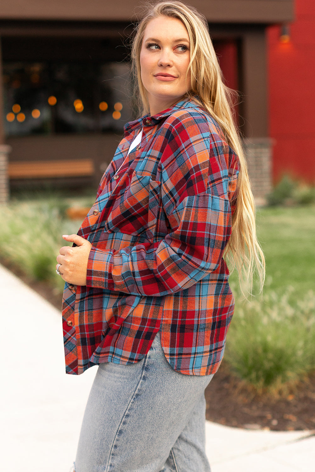 Red Plaid Print Buttoned Shirt