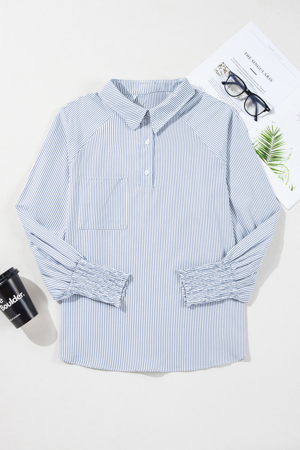 Gray Pinstripe Long Sleeve Smocked Cuffs Button Shirt Collar Blouse