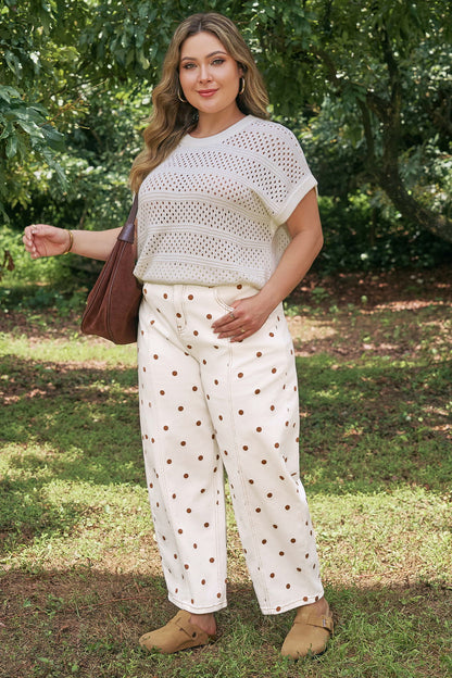 Beige Polka Dot Print Barrel Jeans