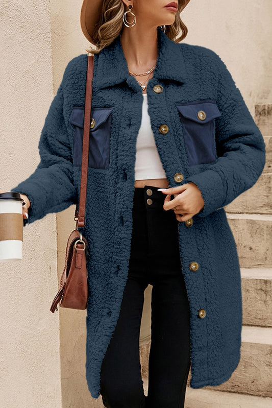 Blue Contrast Flap Pocket Single Breasted Teddy Coat (Extended Sizes)