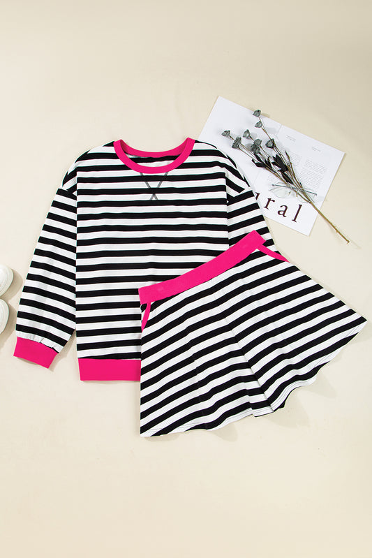 Black Stripe Color Block Edge Pullover and Shorts Sleepwear Set
