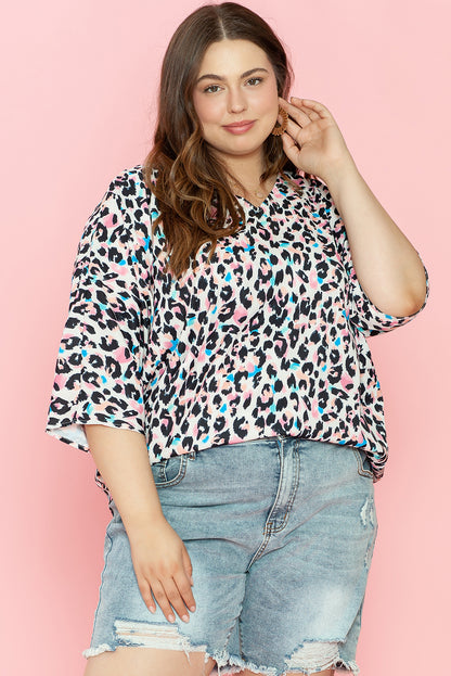 Brown Leopard Print V Neck Batwing Sleeve Top