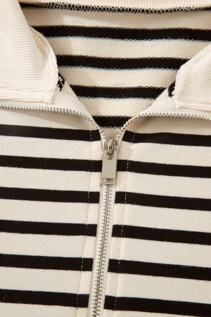 Black Stripe Ribbed Color Block Trim Zip Polo Tee Drawstring Shorts 2pcs Outfit