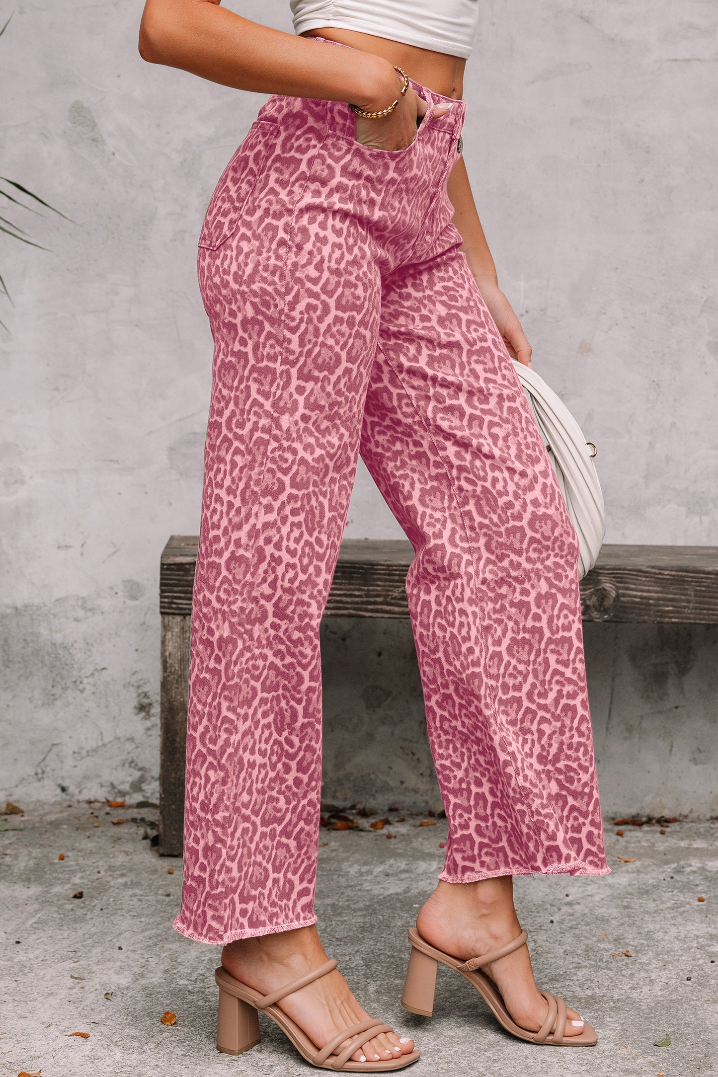 Leopard Frayed Edge Wide Leg High Waist Jeans (Other Colors)