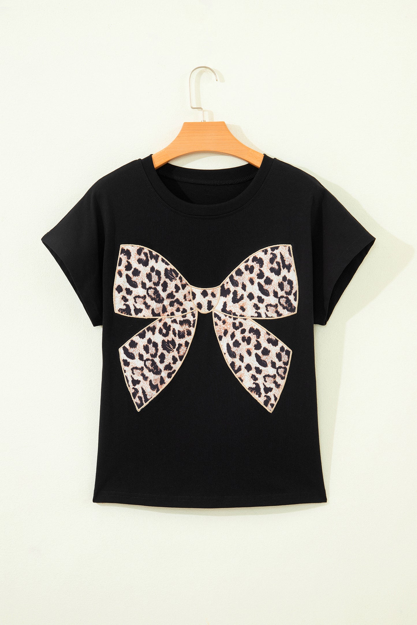 Leopard Bow Embroidered Cotton Round Neck T Shirt (Other Colors)