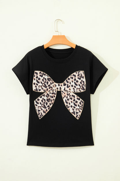 Leopard Bow Embroidered Cotton Round Neck T Shirt (Other Colors)