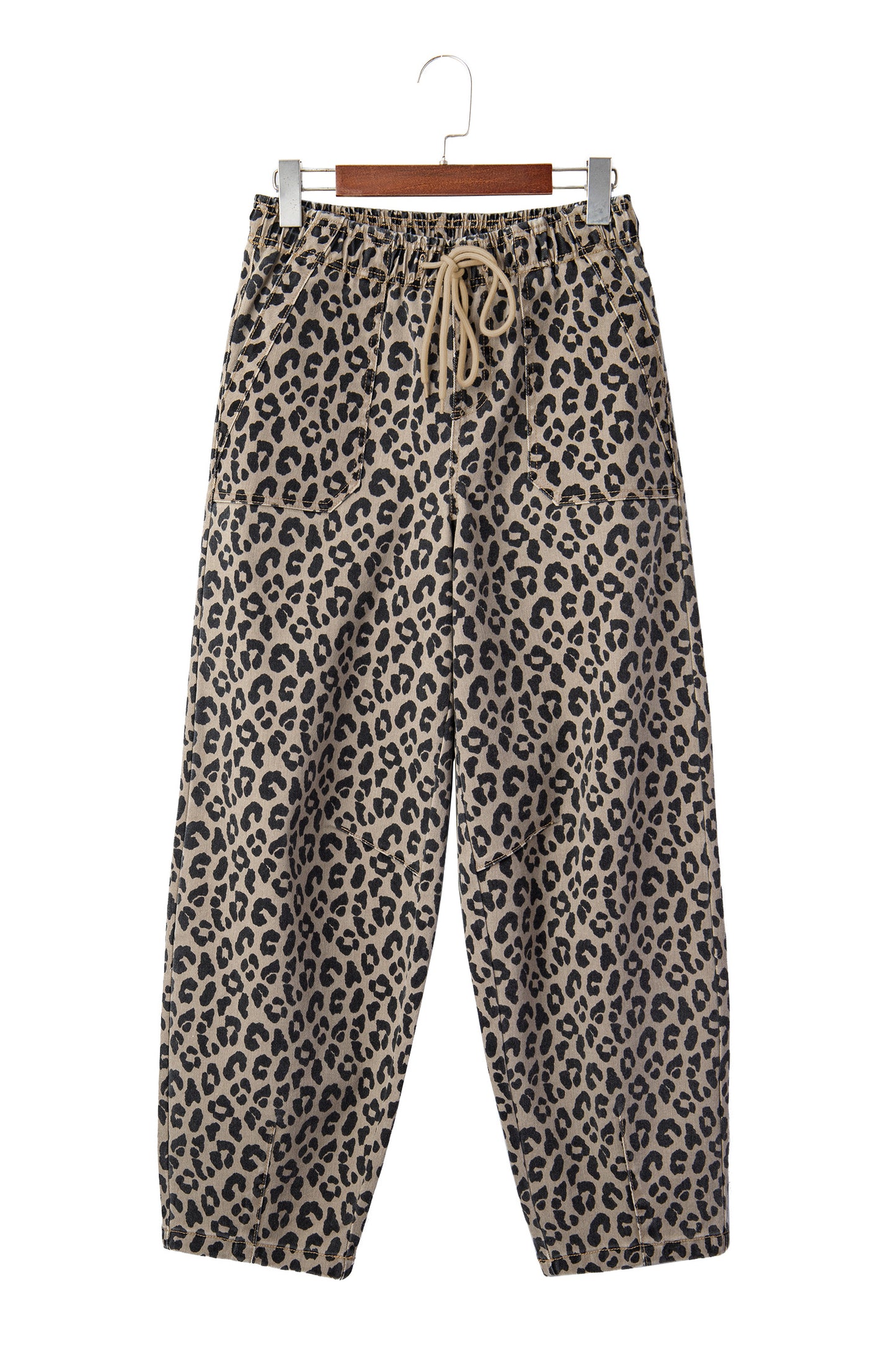 Khaki Leopard Print Drawstring Elastic Waist Loose Denim Pants