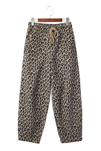 Khaki Leopard Print Drawstring Elastic Waist Loose Denim Pants