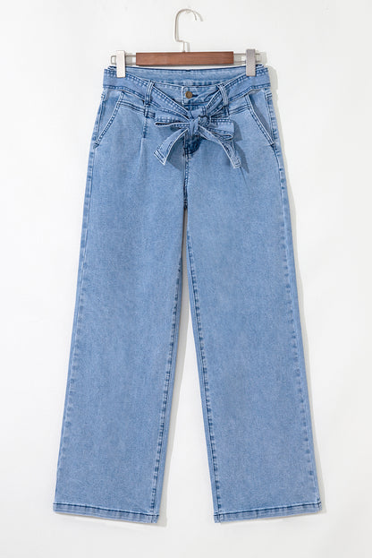 Beau Blue Western Washed Bow Knot Sash Wide Leg Jeans (Extended Sizes)