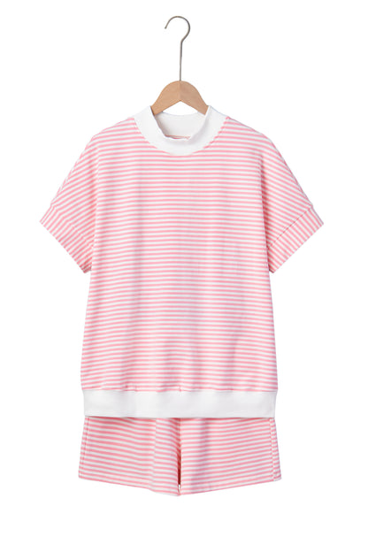 Stripe Cuffed Sleeve Contrast Mock Neck Tee Casual 2pcs Short Set (Other Colors)