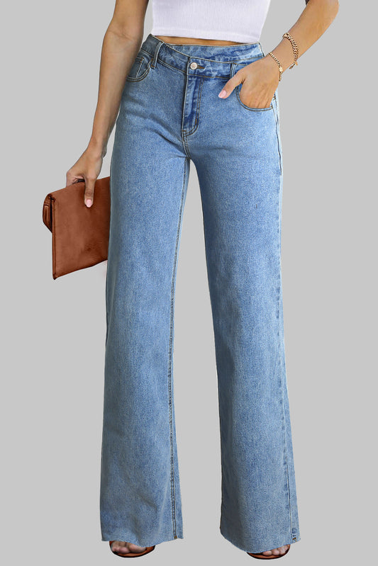 Blue Mid Rise Asymmetrical Waist Wide Leg Jeans (Extended Sizes)