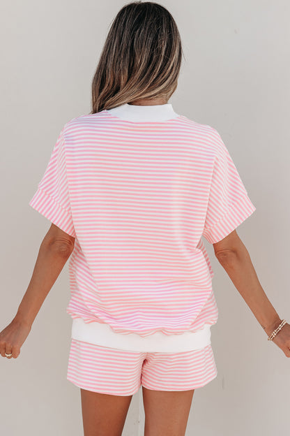 Stripe Cuffed Sleeve Contrast Mock Neck Tee Casual 2pcs Short Set (Other Colors)