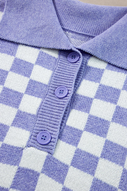 Purple Checkered Collared Buttons Sweater
