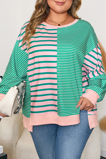 Green Stripe Color Block Exposed Seam Side Slit Sweatshirt