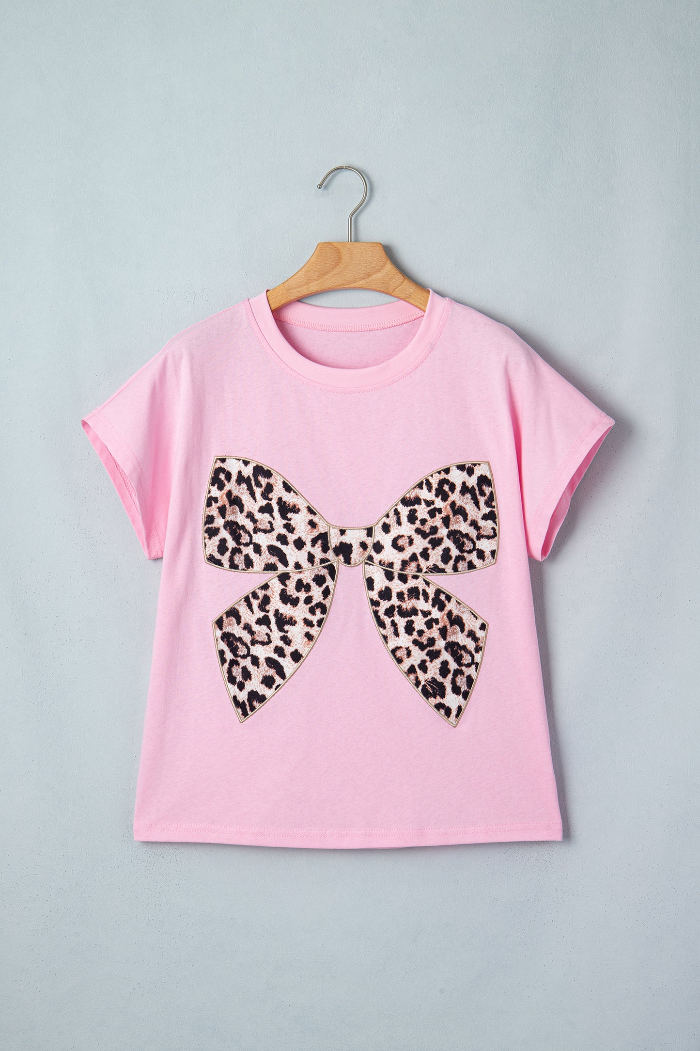 Leopard Bow Embroidered Cotton Round Neck T Shirt (Other Colors)