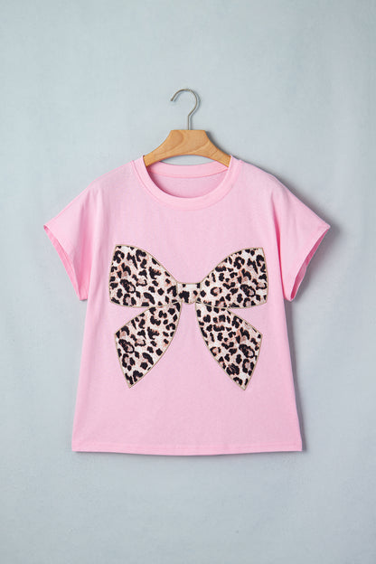 Leopard Bow Embroidered Cotton Round Neck T Shirt (Other Colors)