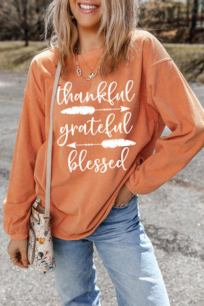 Orange thankful grateful blessed Arrow Graphic Corded Sweatshirt (Extended Sizes)