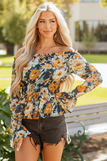 Floral Off Shoulder Bell Sleeve Smocked Peplum Top