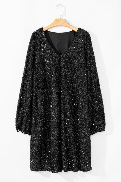 Color black Bubble Sleeve V Neck Sequin Dress