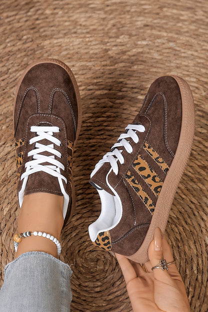 Coffee Contrast Lace-up Leopard Patchwork Details Shoes
