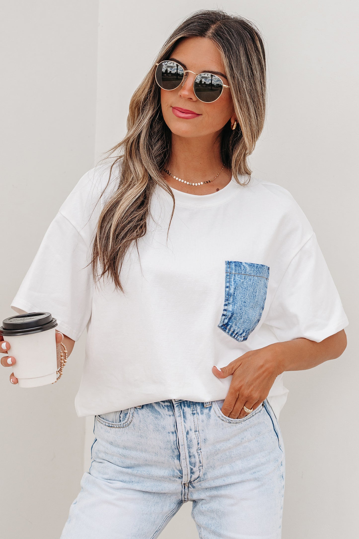 Color Block Chest Pocket Patched Casual Short Sleeve Top (Other Color)
