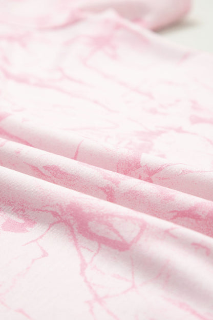 Pink Abstract Print V Neck Loose Tee Drawstring Shorts 2pcs Outfit