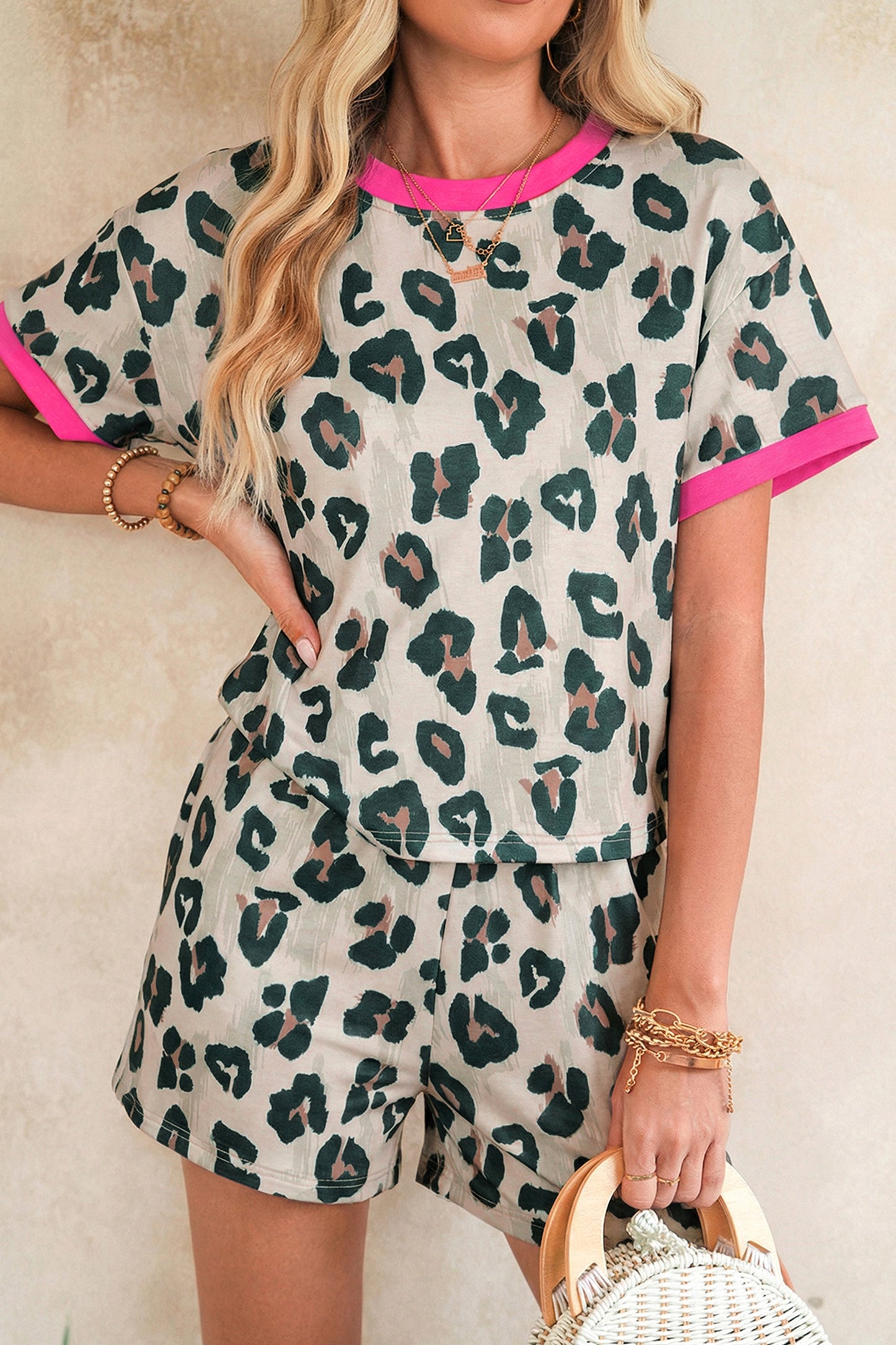 Leopard Print Contrast Trim Top Loose 2pcs Short Set