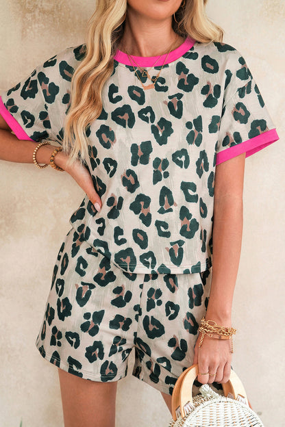 Leopard Print Contrast Trim Top Loose 2pcs Short Set