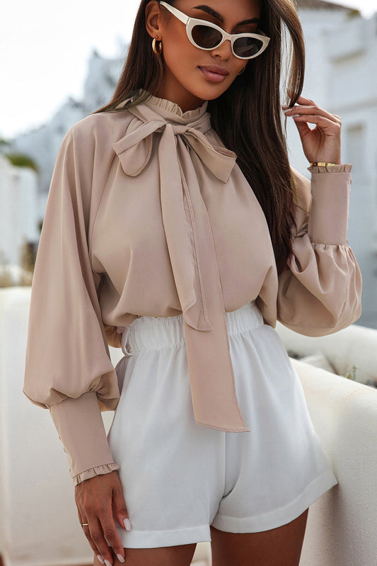 Khaki Frilled Knotted Mock Neck Bishop Sleeve Blouse (Extended Sizes)