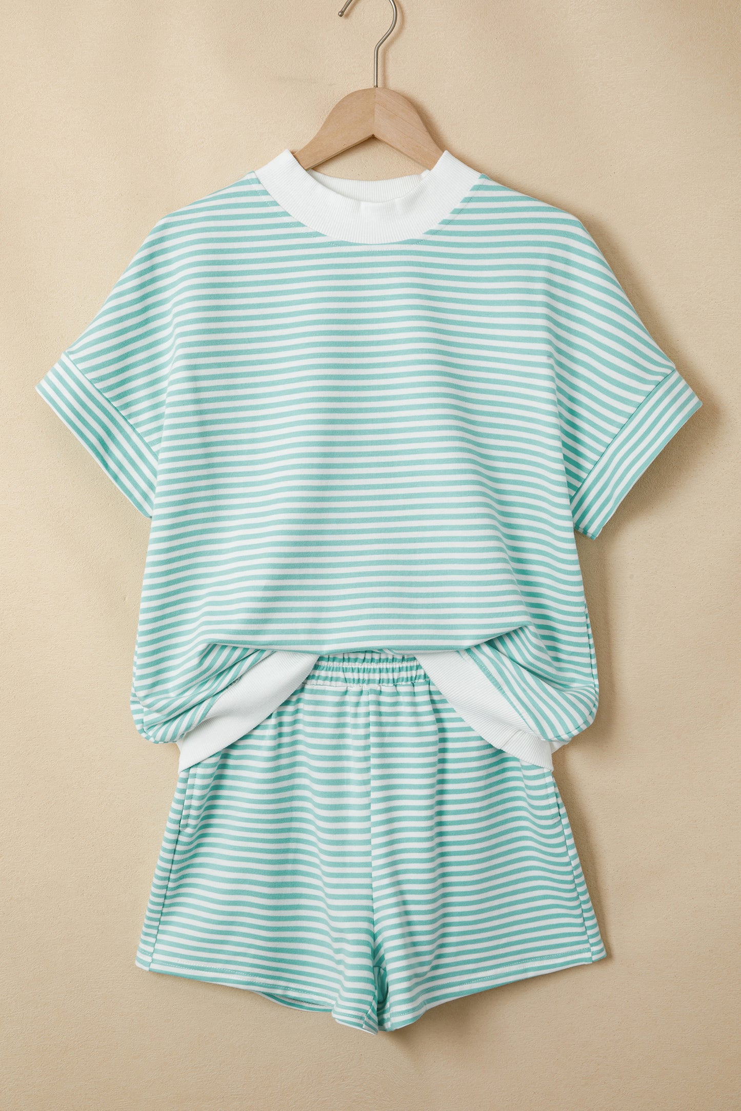 Stripe Cuffed Sleeve Contrast Mock Neck Tee Casual 2pcs Short Set (Other Colors)
