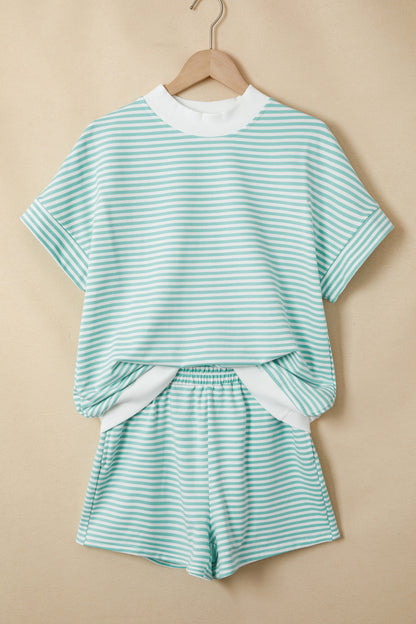 Stripe Cuffed Sleeve Contrast Mock Neck Tee Casual 2pcs Short Set (Other Colors)