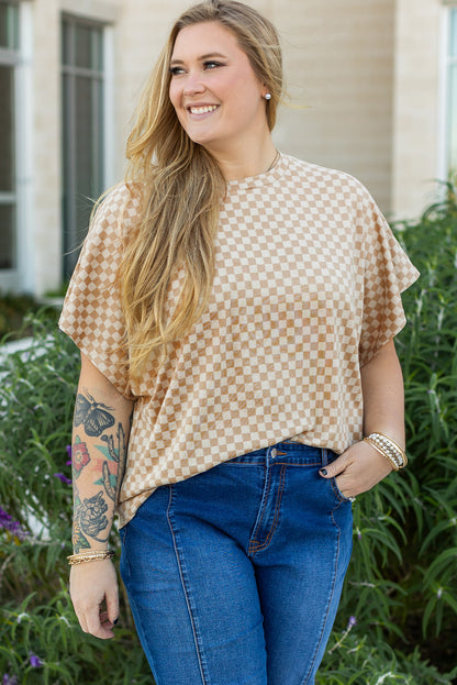 Khaki Checkerboard Short Batwing Sleeve Round Neck T Shirt