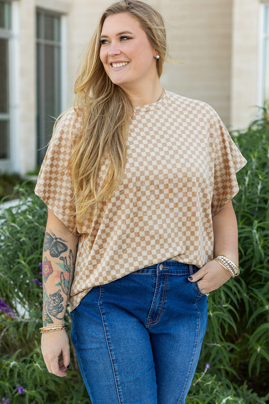 Khaki Checkerboard Short Batwing Sleeve Round Neck T Shirt