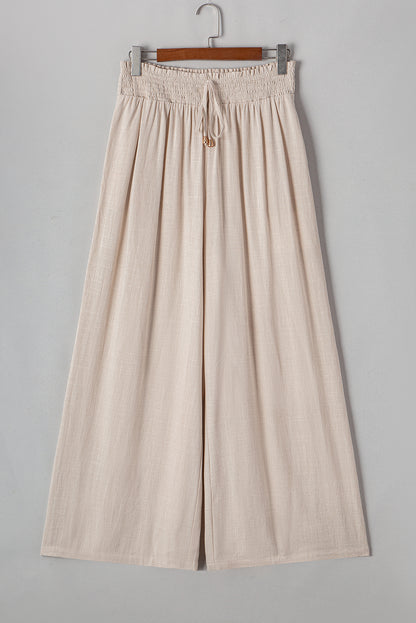 Beige Smocked High Waist Wide Leg Pants