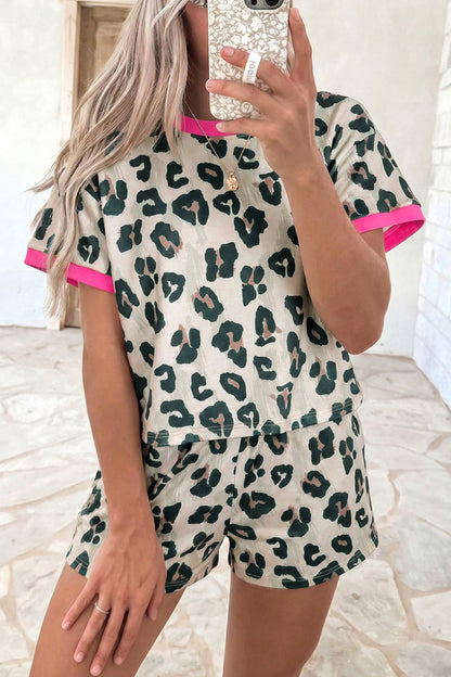 Leopard Print Contrast Trim Top Loose 2pcs Short Set