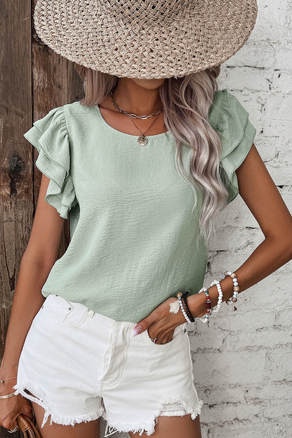 Solid Color Ruffled Short Sleeve Casual Blouse (Other Colors)