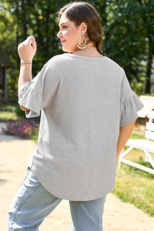 Light Grey Lace Insert Waffle Ruffle Short Sleeve Top