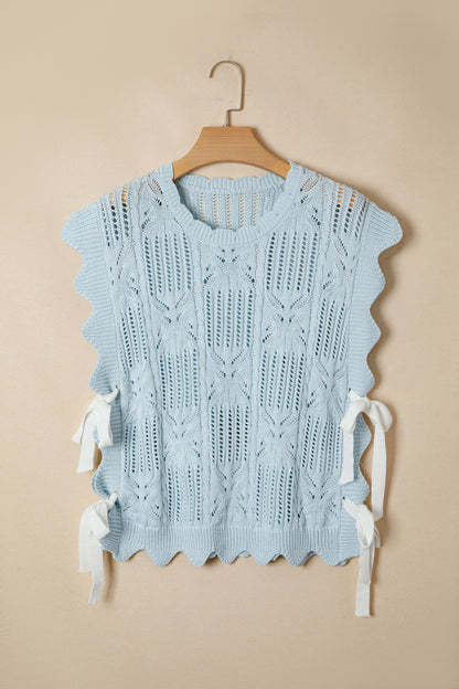 Bonbon Pointelle Knit Patterned Scalloped Trim Short Sleeve Sweater (Other Colors)