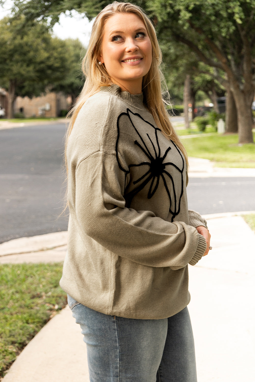 Dark Khaki Big Flower Pattern High Neck Drop Shoulder Sweater