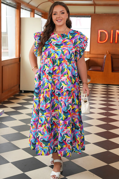 Blue Geometric Print Ruffled Short Sleeve Tiered Maxi Dress