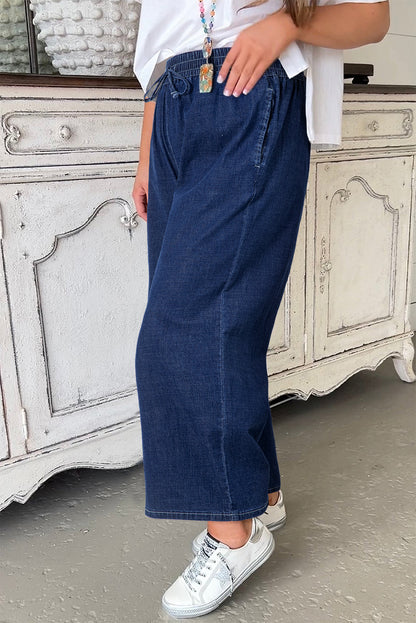 Real Teal Drawstring High Waist Wide Leg Casual Jeans