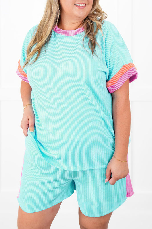 Light Blue Color Block Corded Knit Tee and Shorts Set