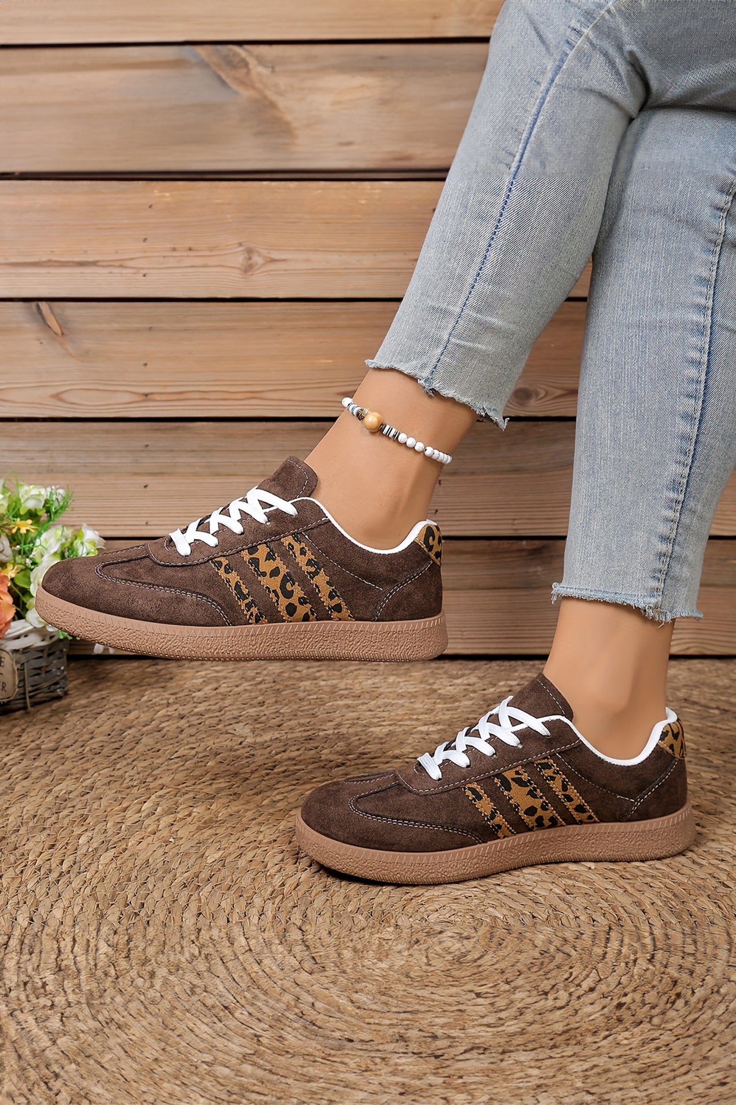Coffee Contrast Lace-up Leopard Patchwork Details Shoes