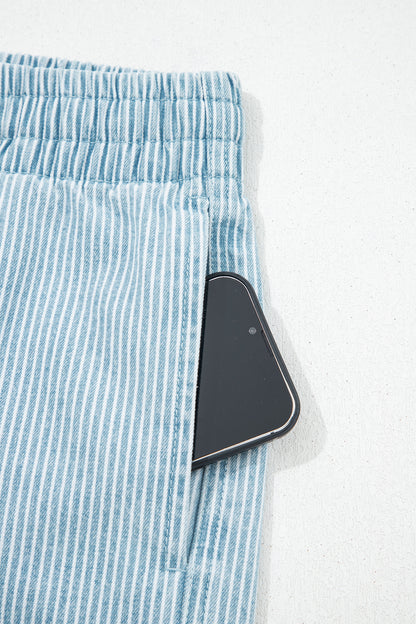 Blue Stripe Contrast Drawstring Elastic Waist Denim Shorts